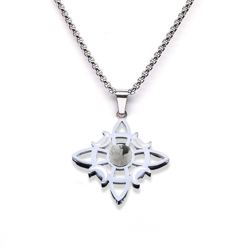 Natural Gemstone Cabochons Stainless Steel Celtic Irish Knot Moon Goddess Talisman Pendant Necklace with 50CM Chain