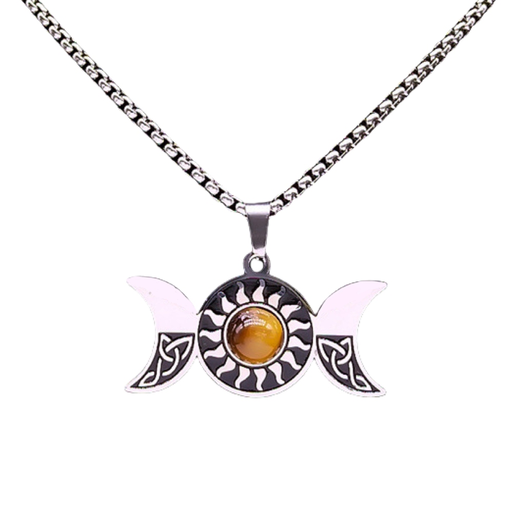 Natural Gemstone Cabochons Stainless Steel Triple Goddess Moon Symbol Pendant Necklace with 50CM Chain