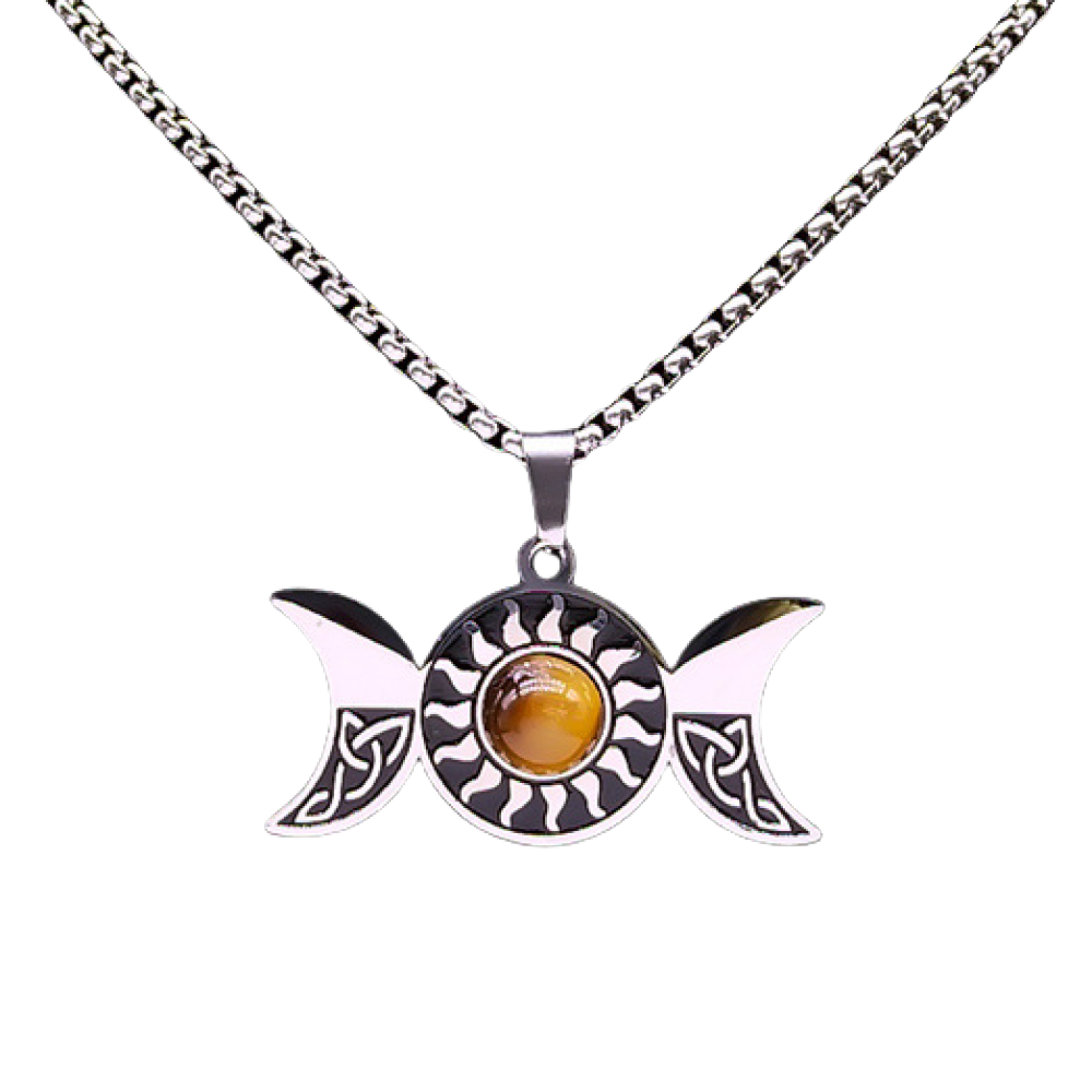 Natural Gemstone Cabochons Stainless Steel Triple Goddess Moon Symbol Pendant Necklace with 50CM Chain