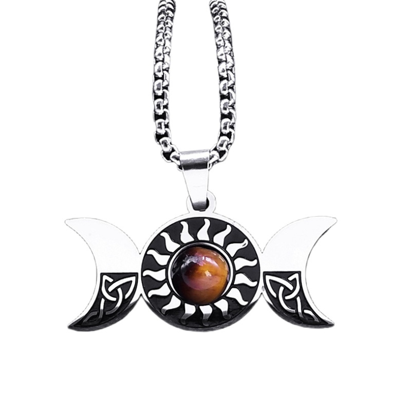 Natural Gemstone Cabochons Stainless Steel Triple Goddess Moon Symbol Pendant Necklace with 50CM Chain