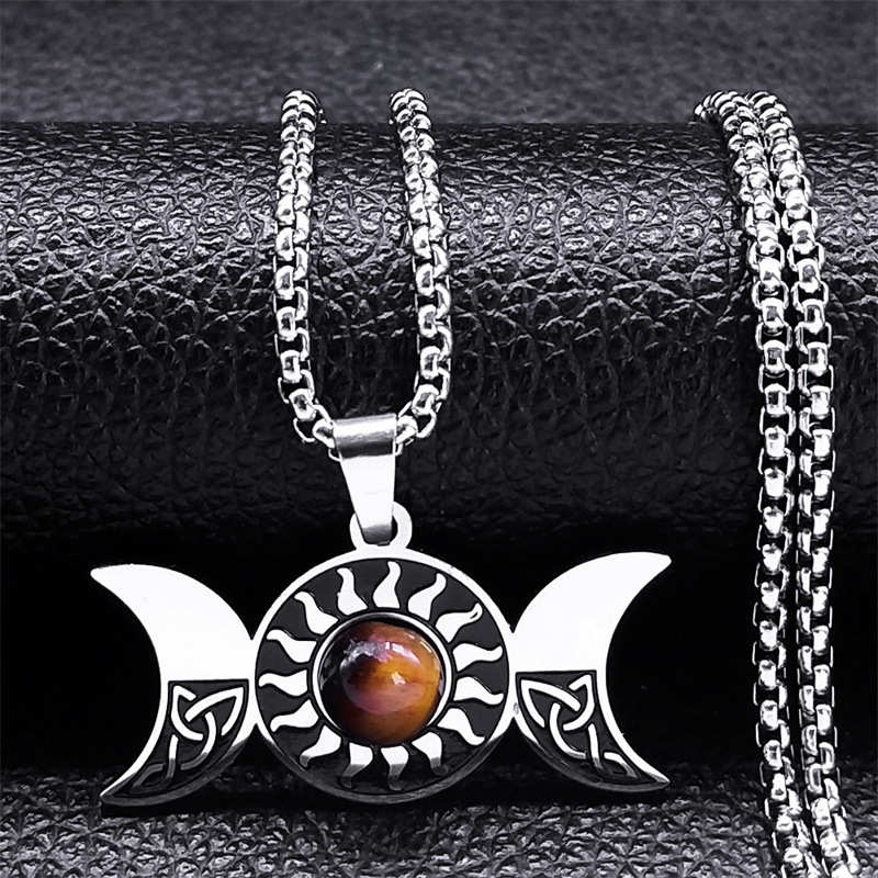 Natural Gemstone Cabochons Stainless Steel Triple Goddess Moon Symbol Pendant Necklace with 50CM Chain