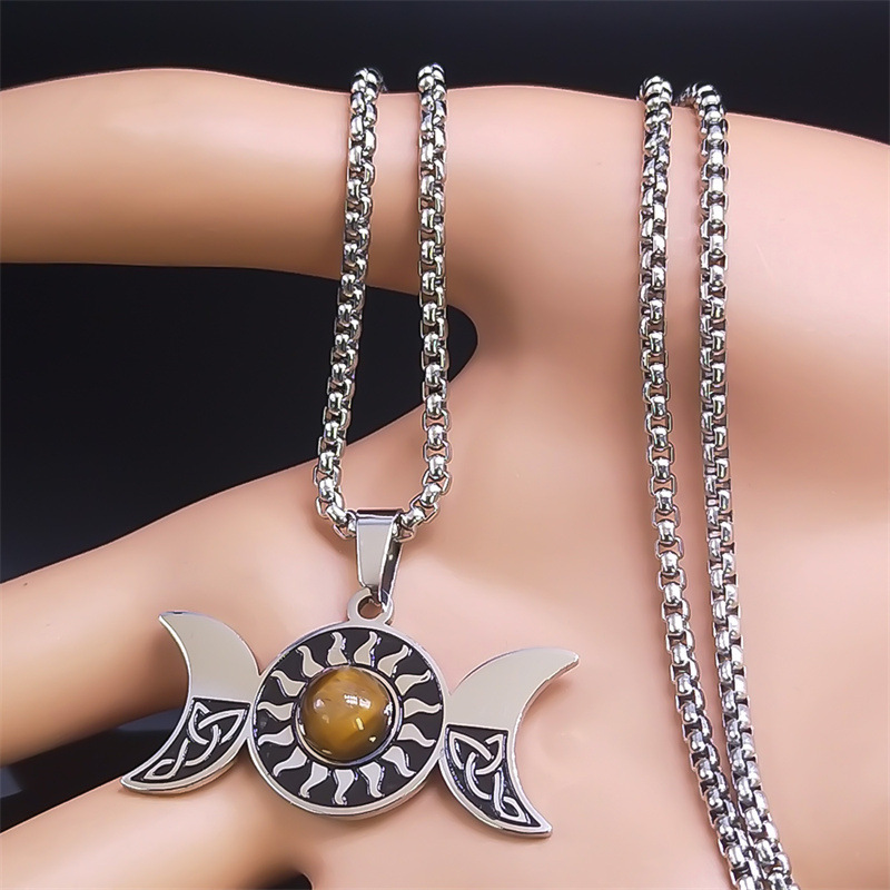 Natural Gemstone Cabochons Stainless Steel Triple Goddess Moon Symbol Pendant Necklace with 50CM Chain