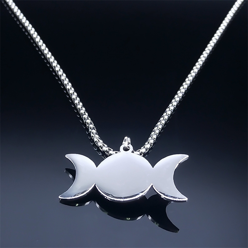 Natural Gemstone Cabochons Stainless Steel Triple Goddess Moon Symbol Pendant Necklace with 50CM Chain