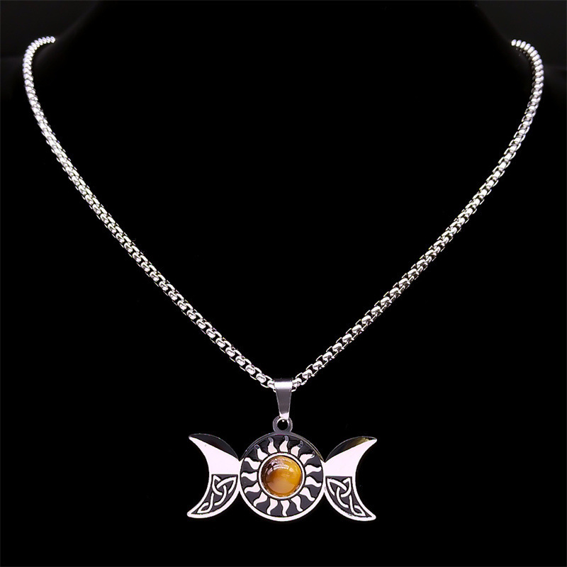 Natural Gemstone Cabochons Stainless Steel Triple Goddess Moon Symbol Pendant Necklace with 50CM Chain