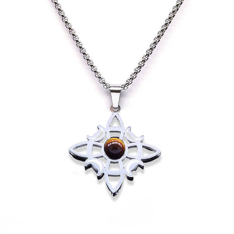 Natural Gemstone Cabochons Stainless Steel Celtic Irish Knot Moon Goddess Talisman Pendant Necklace with 50CM Chain