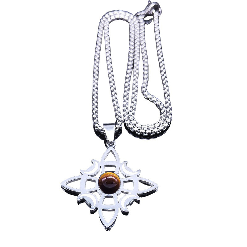 Natural Gemstone Cabochons Stainless Steel Celtic Irish Knot Moon Goddess Talisman Pendant Necklace with 50CM Chain