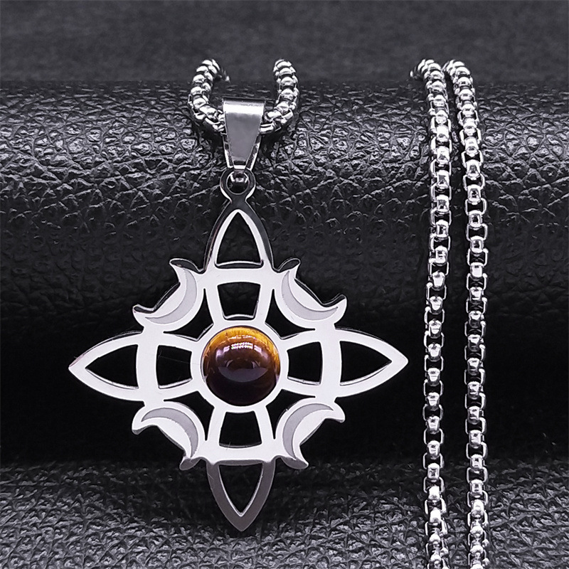 Natural Gemstone Cabochons Stainless Steel Celtic Irish Knot Moon Goddess Talisman Pendant Necklace with 50CM Chain