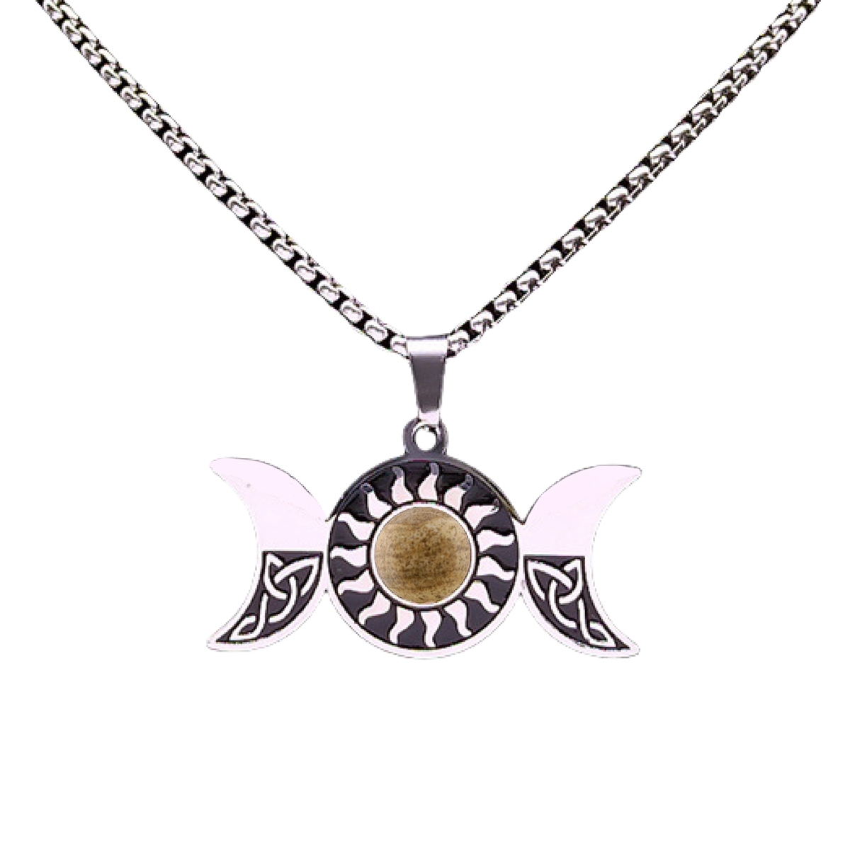 Natural Gemstone Cabochons Stainless Steel Triple Goddess Moon Symbol Pendant Necklace with 50CM Chain