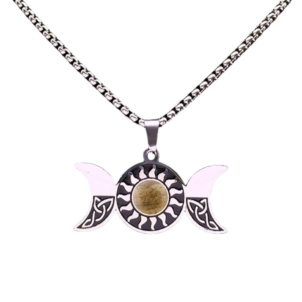 Natural Gemstone Cabochons Stainless Steel Triple Goddess Moon Symbol Pendant Necklace with 50CM Chain