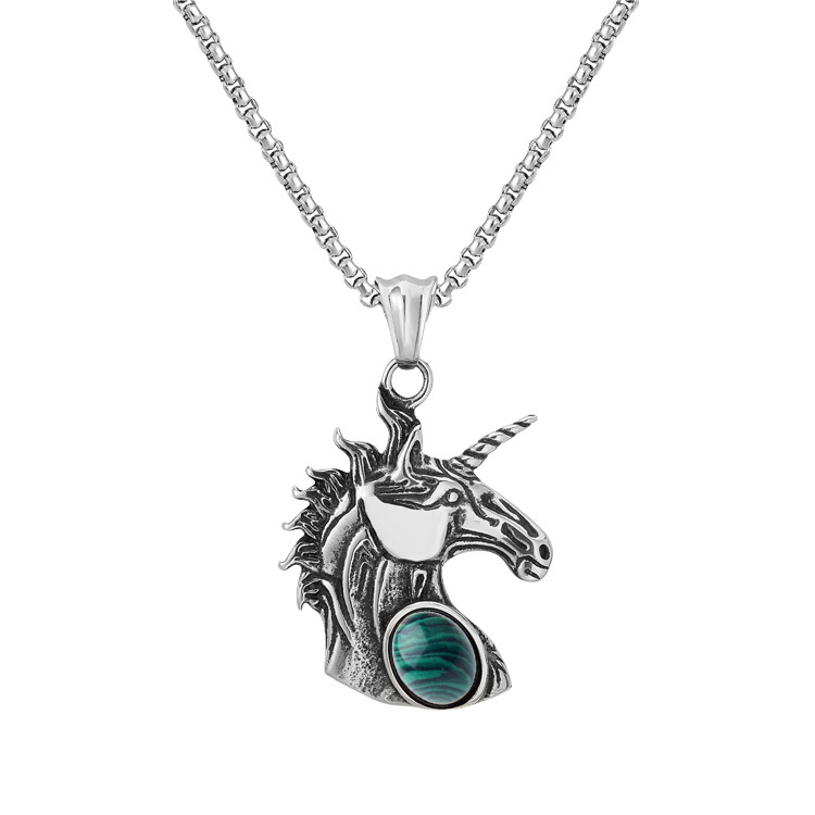 Natural Gemstone Oval Cabs Steel Stainless Unicorn Pendant Necklace 60cm Chain