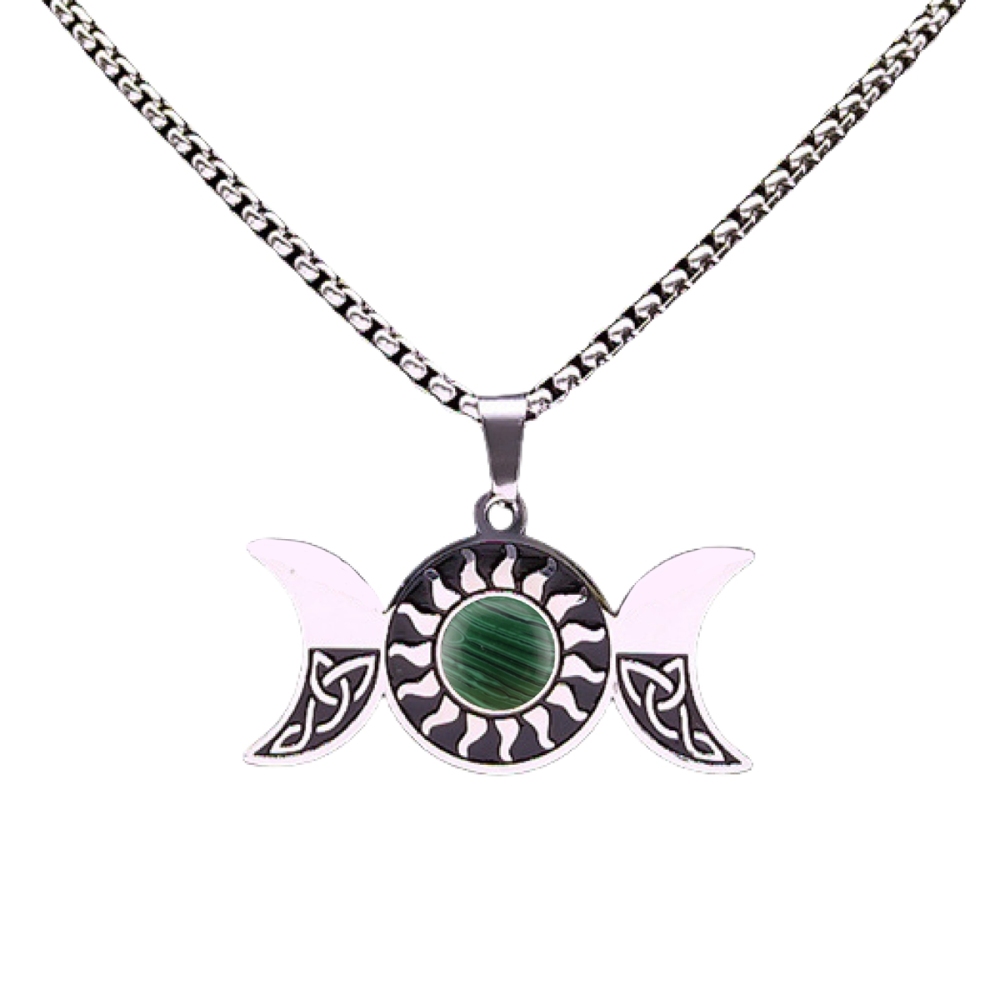 Natural Gemstone Cabochons Stainless Steel Triple Goddess Moon Symbol Pendant Necklace with 50CM Chain