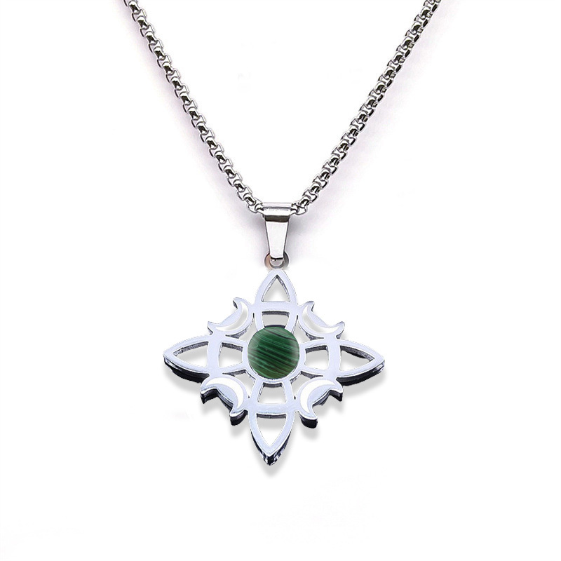 Natural Gemstone Cabochons Stainless Steel Celtic Irish Knot Moon Goddess Talisman Pendant Necklace with 50CM Chain