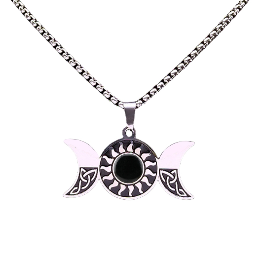 Natural Gemstone Cabochons Stainless Steel Triple Goddess Moon Symbol Pendant Necklace with 50CM Chain
