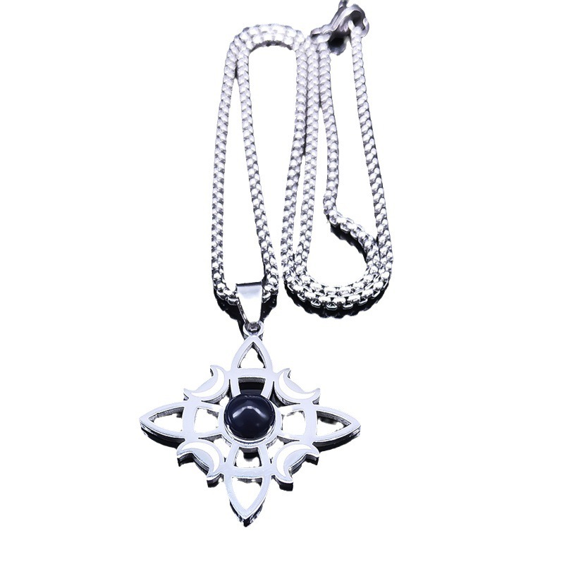 Natural Gemstone Cabochons Stainless Steel Celtic Irish Knot Moon Goddess Talisman Pendant Necklace with 50CM Chain