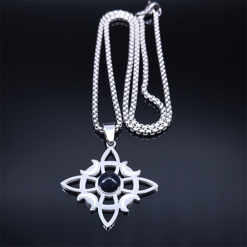 Natural Gemstone Cabochons Stainless Steel Celtic Irish Knot Moon Goddess Talisman Pendant Necklace with 50CM Chain