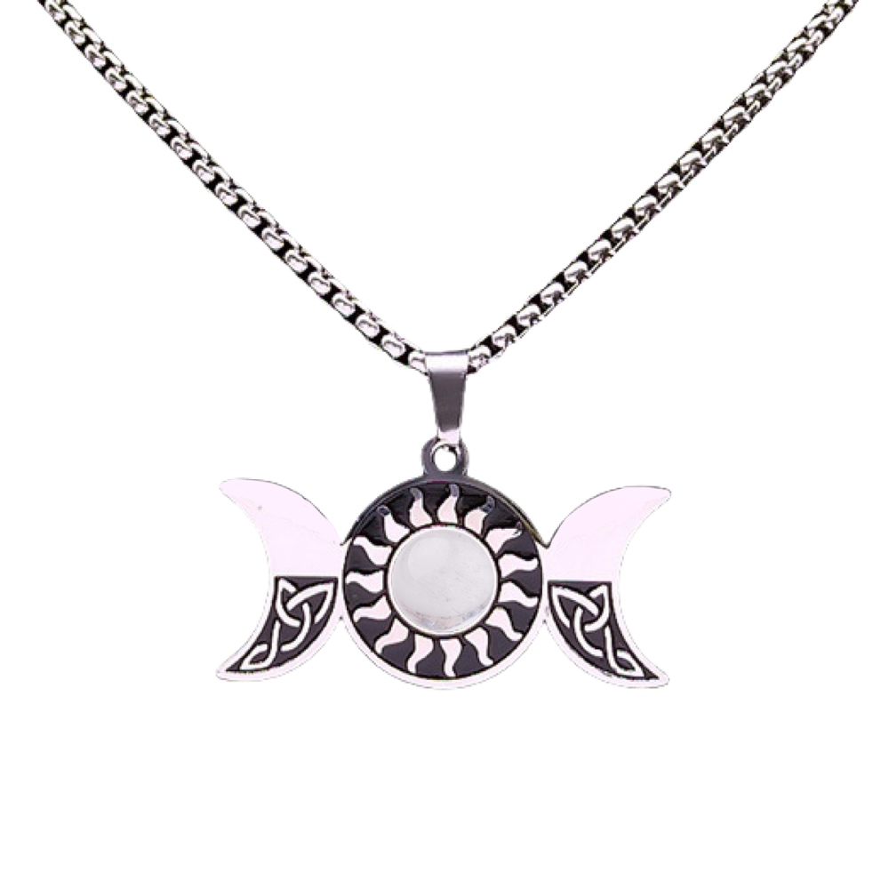 Natural Gemstone Cabochons Stainless Steel Triple Goddess Moon Symbol Pendant Necklace with 50CM Chain