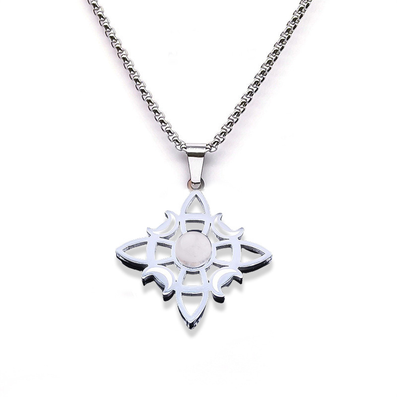 Natural Gemstone Cabochons Stainless Steel Celtic Irish Knot Moon Goddess Talisman Pendant Necklace with 50CM Chain
