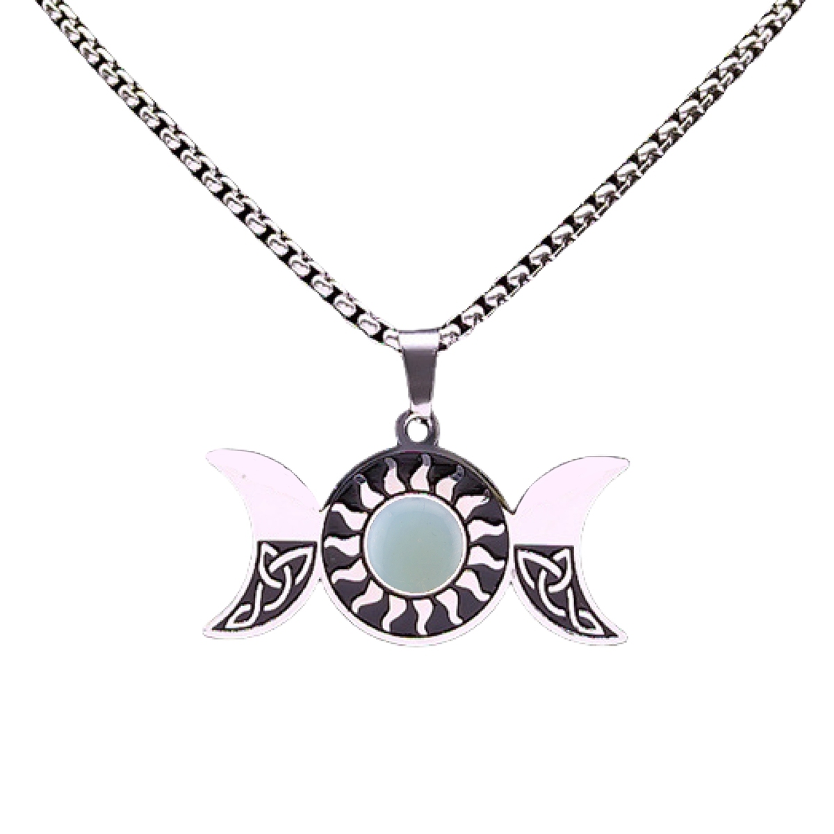 Natural Gemstone Cabochons Stainless Steel Triple Goddess Moon Symbol Pendant Necklace with 50CM Chain