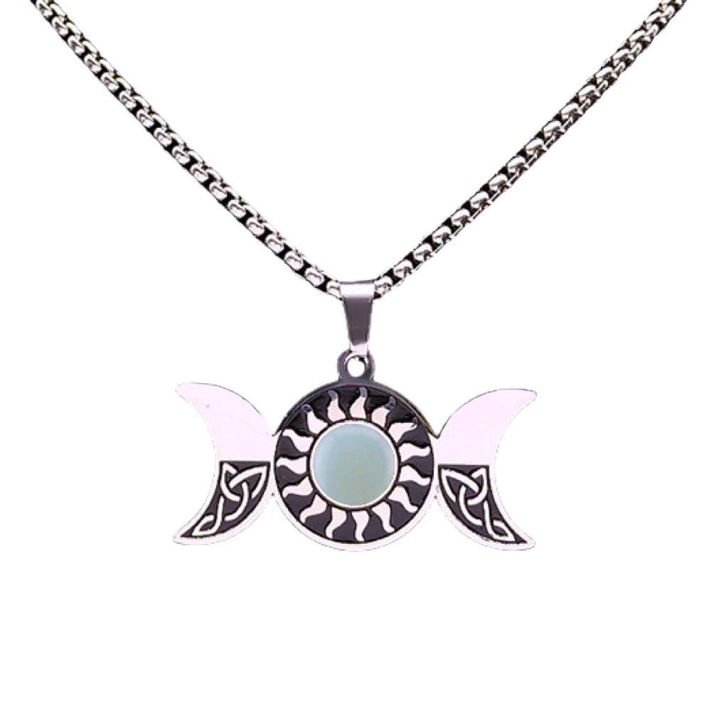 Natural Gemstone Cabochons Stainless Steel Triple Goddess Moon Symbol Pendant Necklace with 50CM Chain