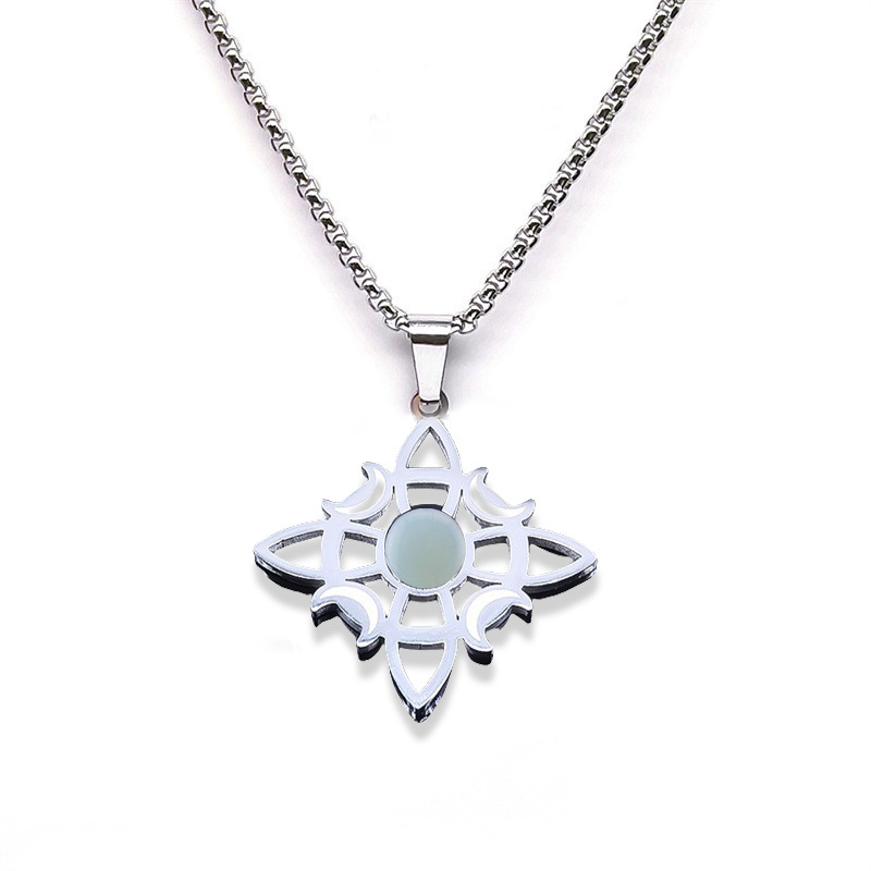 Natural Gemstone Cabochons Stainless Steel Celtic Irish Knot Moon Goddess Talisman Pendant Necklace with 50CM Chain