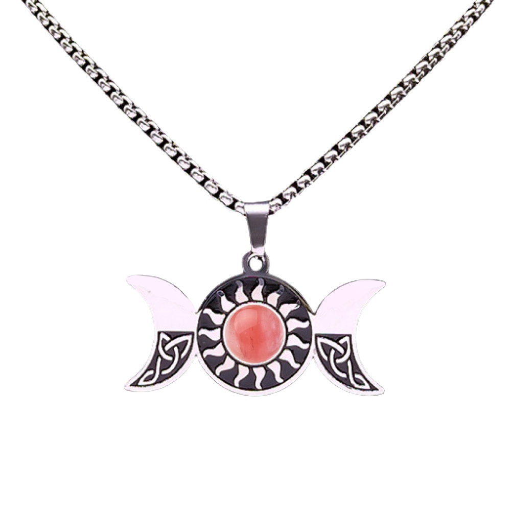 Natural Gemstone Cabochons Stainless Steel Triple Goddess Moon Symbol Pendant Necklace with 50CM Chain