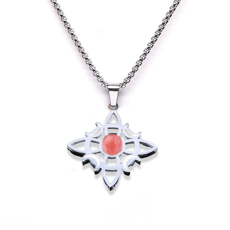Natural Gemstone Cabochons Stainless Steel Celtic Irish Knot Moon Goddess Talisman Pendant Necklace with 50CM Chain