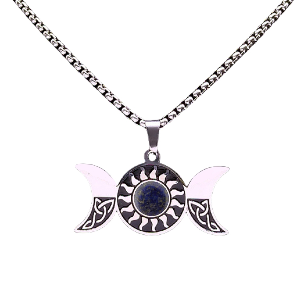 Natural Gemstone Cabochons Stainless Steel Triple Goddess Moon Symbol Pendant Necklace with 50CM Chain