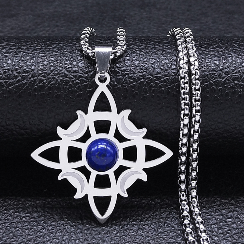 Natural Gemstone Cabochons Stainless Steel Celtic Irish Knot Moon Goddess Talisman Pendant Necklace with 50CM Chain