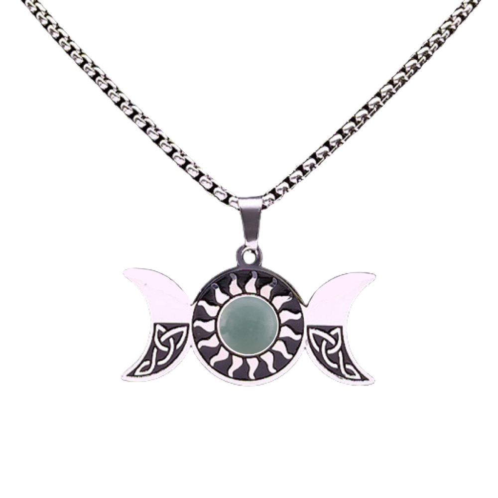 Natural Gemstone Cabochons Stainless Steel Triple Goddess Moon Symbol Pendant Necklace with 50CM Chain