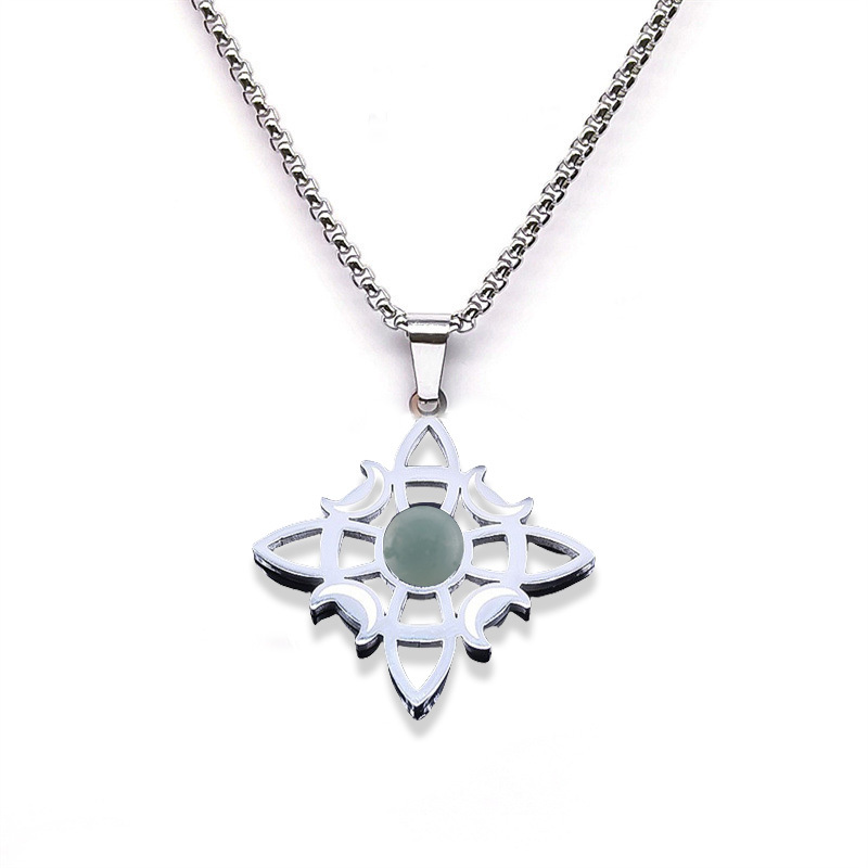 Natural Gemstone Cabochons Stainless Steel Celtic Irish Knot Moon Goddess Talisman Pendant Necklace with 50CM Chain