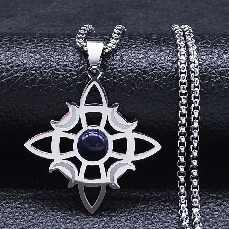 Natural Gemstone Cabochons Stainless Steel Celtic Irish Knot Moon Goddess Talisman Pendant Necklace with 50CM Chain