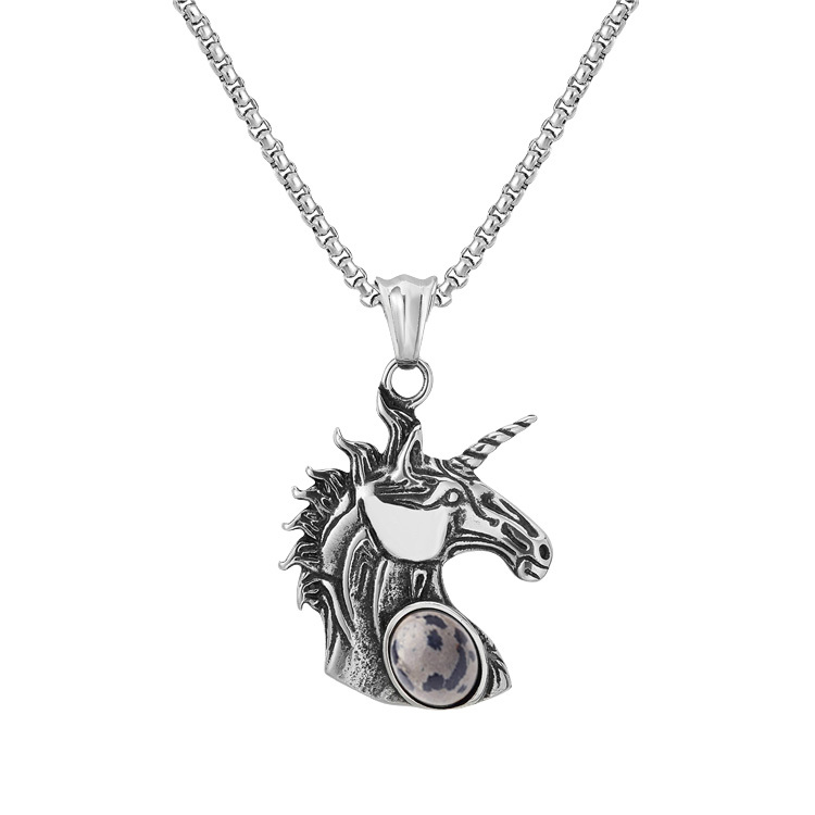 Natural Gemstone Oval Cabs Steel Stainless Unicorn Pendant Necklace 60cm Chain