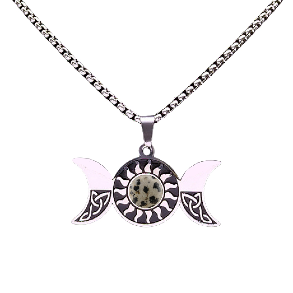Natural Gemstone Cabochons Stainless Steel Triple Goddess Moon Symbol Pendant Necklace with 50CM Chain
