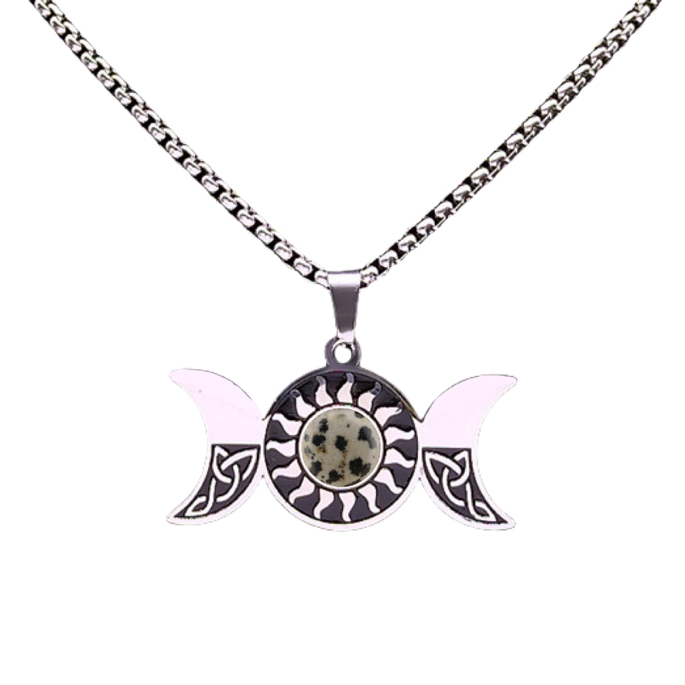 Natural Gemstone Cabochons Stainless Steel Triple Goddess Moon Symbol Pendant Necklace with 50CM Chain