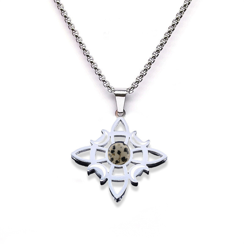 Natural Gemstone Cabochons Stainless Steel Celtic Irish Knot Moon Goddess Talisman Pendant Necklace with 50CM Chain