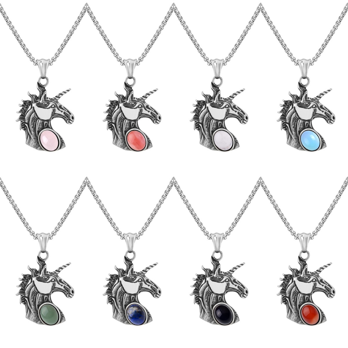 Natural Gemstone Oval Cabs Steel Stainless Unicorn Pendant Necklace 60cm Chain