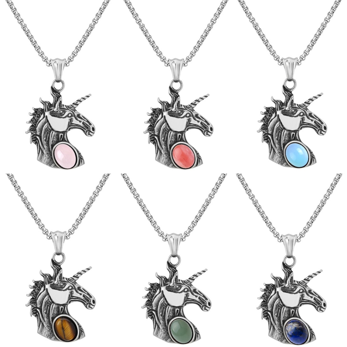 Natural Gemstone Oval Cabs Steel Stainless Unicorn Pendant Necklace 60cm Chain