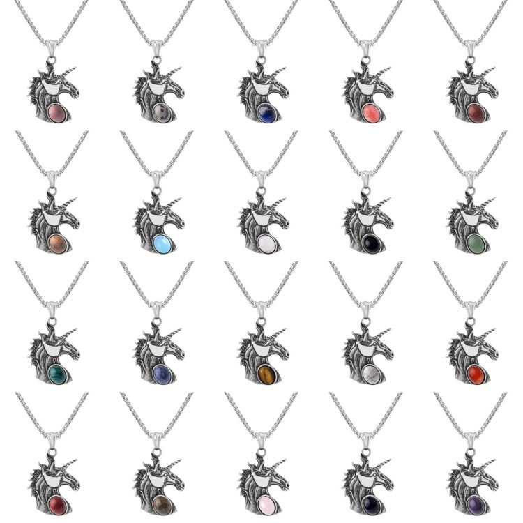 Natural Gemstone Oval Cabs Steel Stainless Unicorn Pendant Necklace 60cm Chain