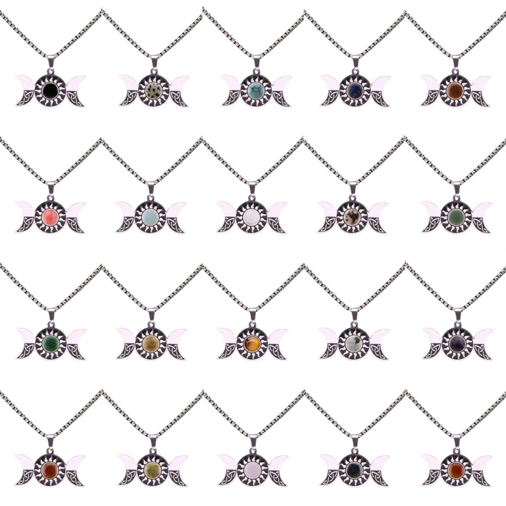 Natural Gemstone Cabochons Stainless Steel Triple Goddess Moon Symbol Pendant Necklace with 50CM Chain