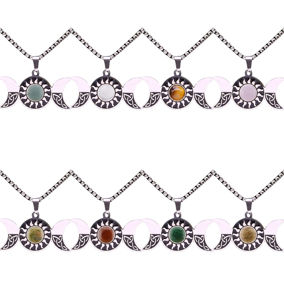 Natural Gemstone Cabochons Stainless Steel Triple Goddess Moon Symbol Pendant Necklace with 50CM Chain