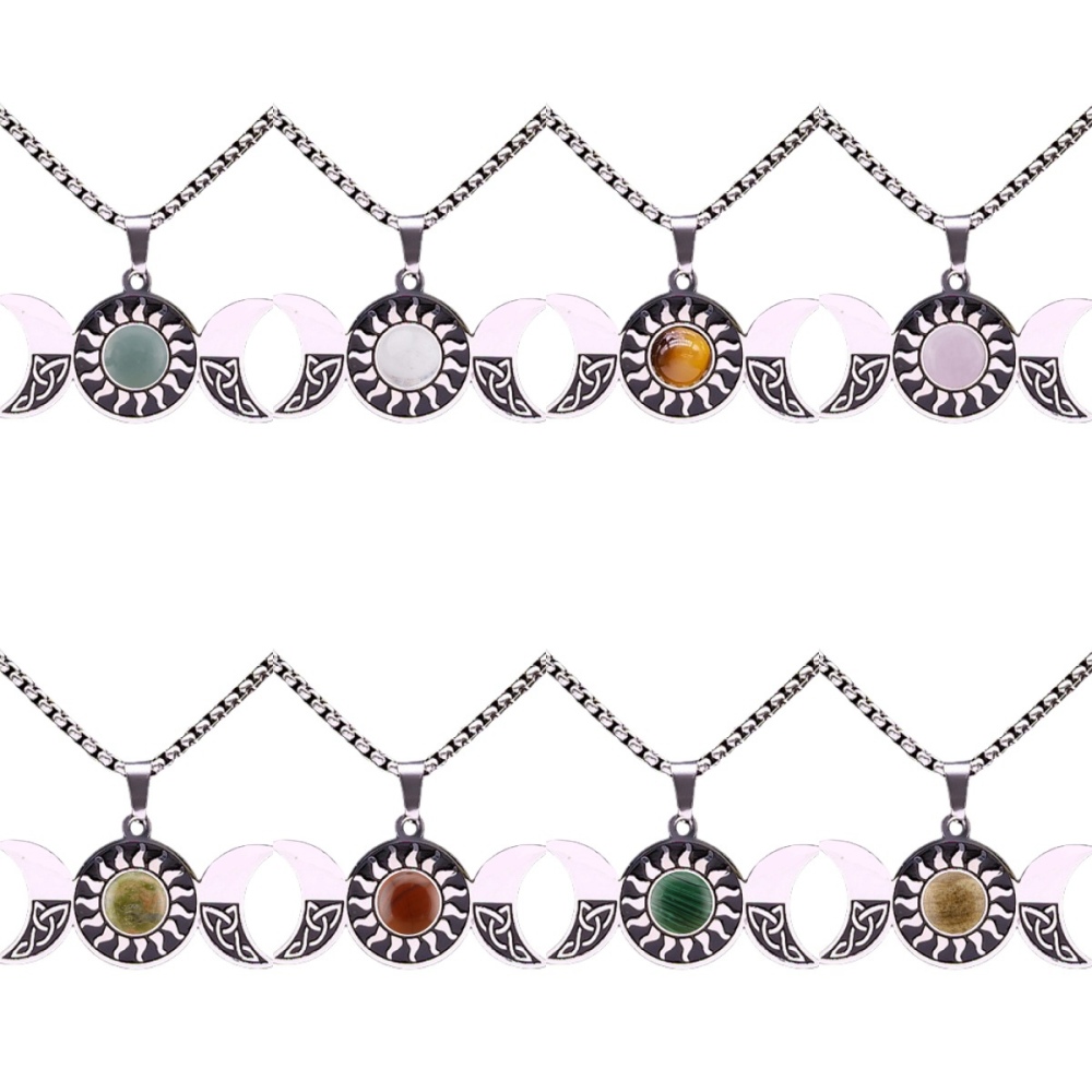 Natural Gemstone Cabochons Stainless Steel Triple Goddess Moon Symbol Pendant Necklace with 50CM Chain