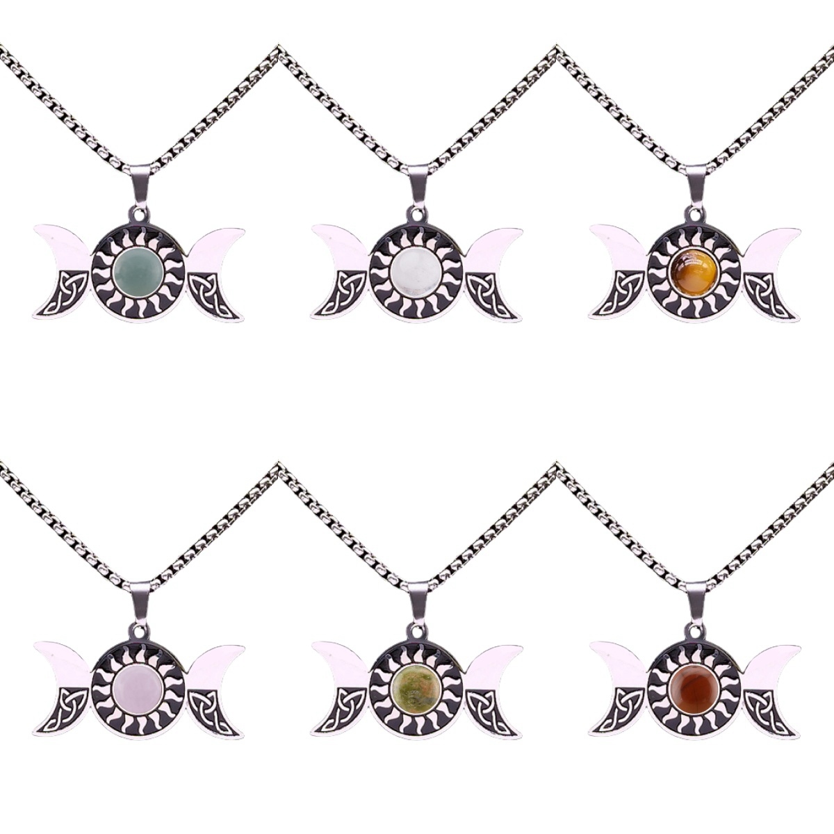 Natural Gemstone Cabochons Stainless Steel Triple Goddess Moon Symbol Pendant Necklace with 50CM Chain