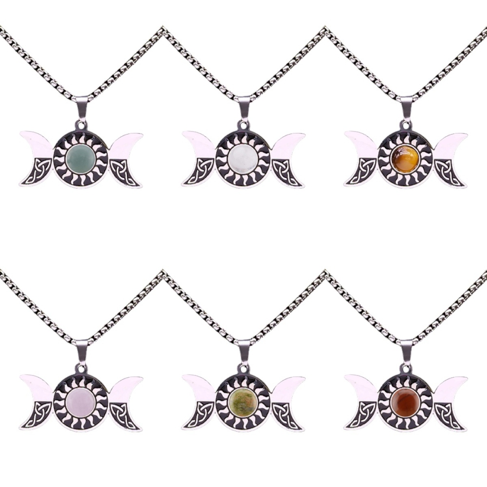 Natural Gemstone Cabochons Stainless Steel Triple Goddess Moon Symbol Pendant Necklace with 50CM Chain