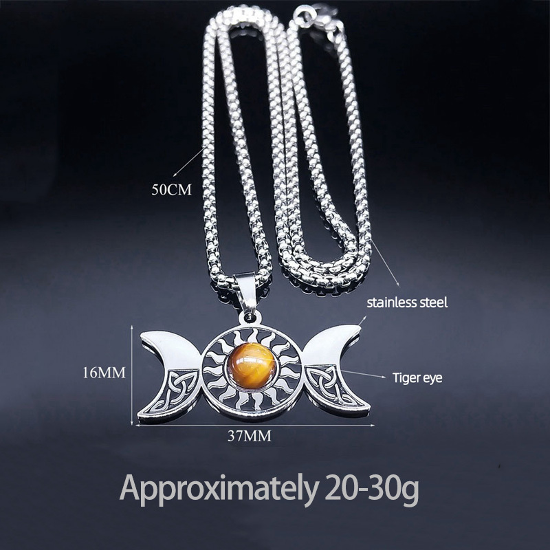 Natural Gemstone Cabochons Stainless Steel Triple Goddess Moon Symbol Pendant Necklace with 50CM Chain