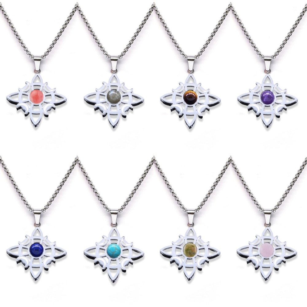 Natural Gemstone Cabochons Stainless Steel Celtic Irish Knot Moon Goddess Talisman Pendant Necklace with 50CM Chain