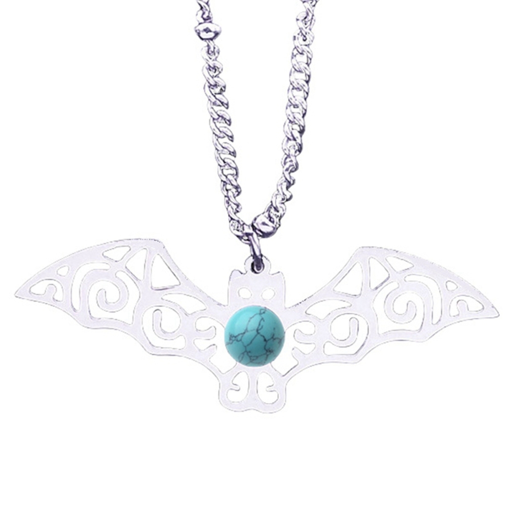Natural Gemstone Cabochons Stainless Steel Bat Goddess Talisman Pendant Necklace with 50CM Chain