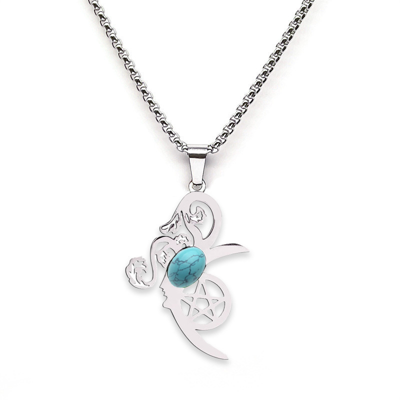 Moon Flower Stainless Steel Necklace  Natural GemstoneCabs Pendant With 50CM Chain
