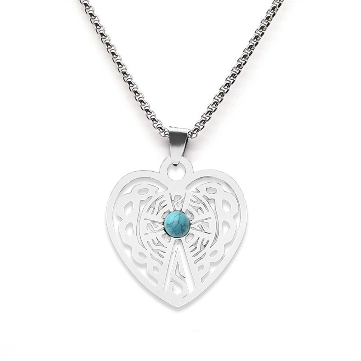 Heart Stainless Steel Necklace  Natural Gemstone Cabs Pendant With 50CM Chain