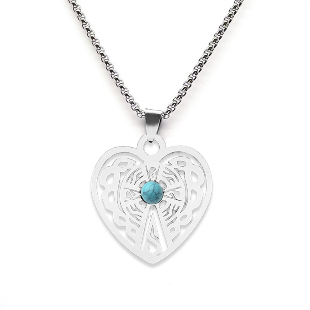 Heart Stainless Steel Necklace  Natural Gemstone Cabs Pendant With 50CM Chain
