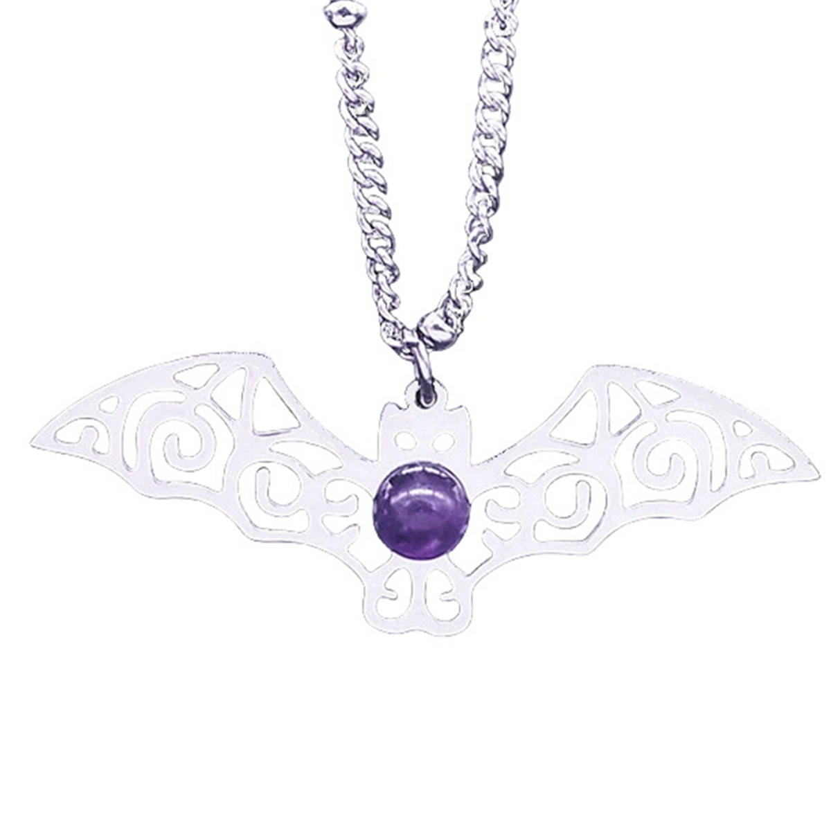 Natural Gemstone Cabochons Stainless Steel Bat Goddess Talisman Pendant Necklace with 50CM Chain
